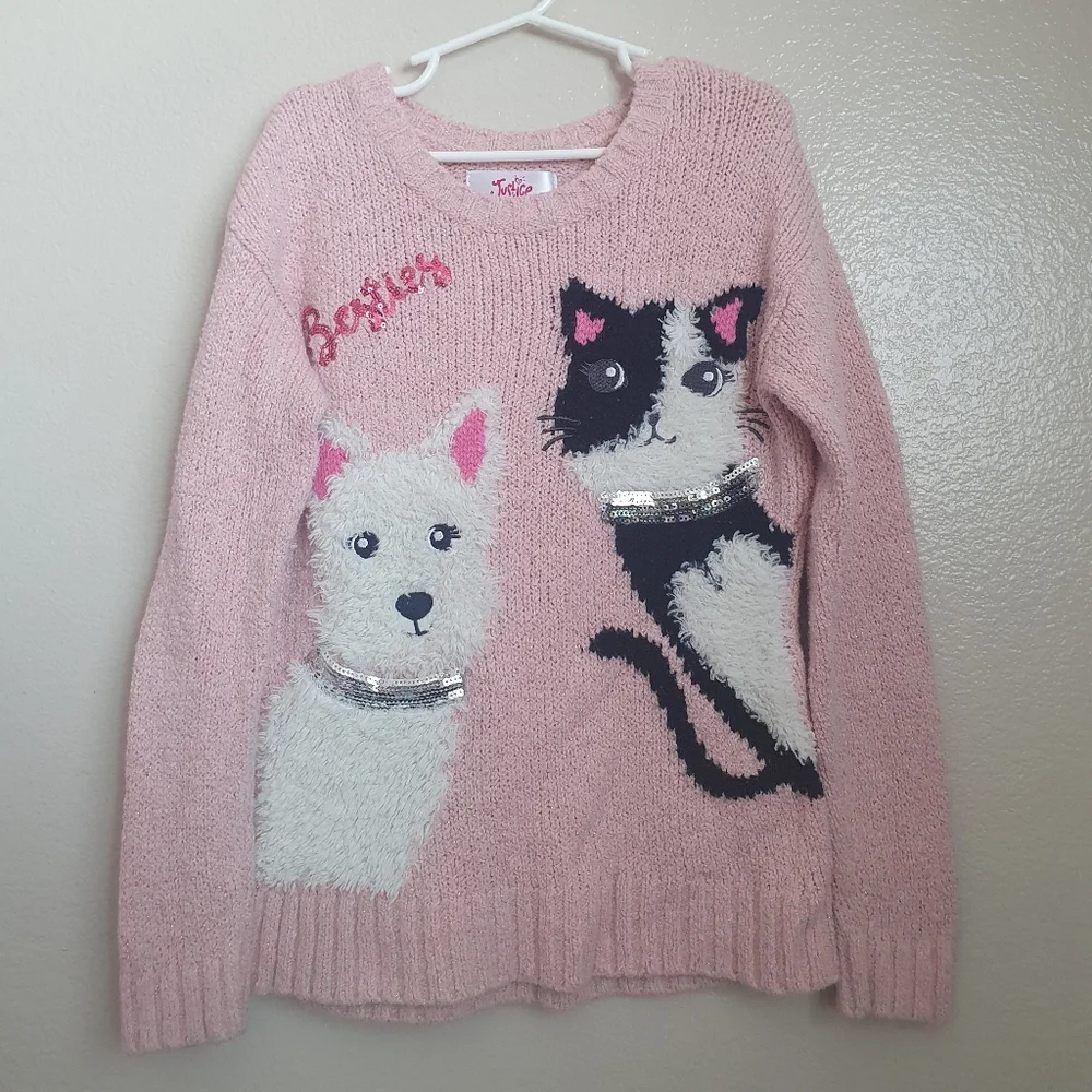 Justice Girl's Besties Dog & Cat Knit Pink Pullover Sweater Sz 6.